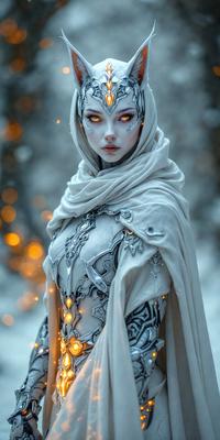 The primary subject of the image is a woman wearing a white outfit with a hood. She is standing in front of a snowy background, which adds a chilly atmosphere to the scene. The visual style of the image is a combination of photo and digital art, creating a unique and intriguing appearance. The woman's outfit and the snowy environment evoke a sense of mystery and enchantment.